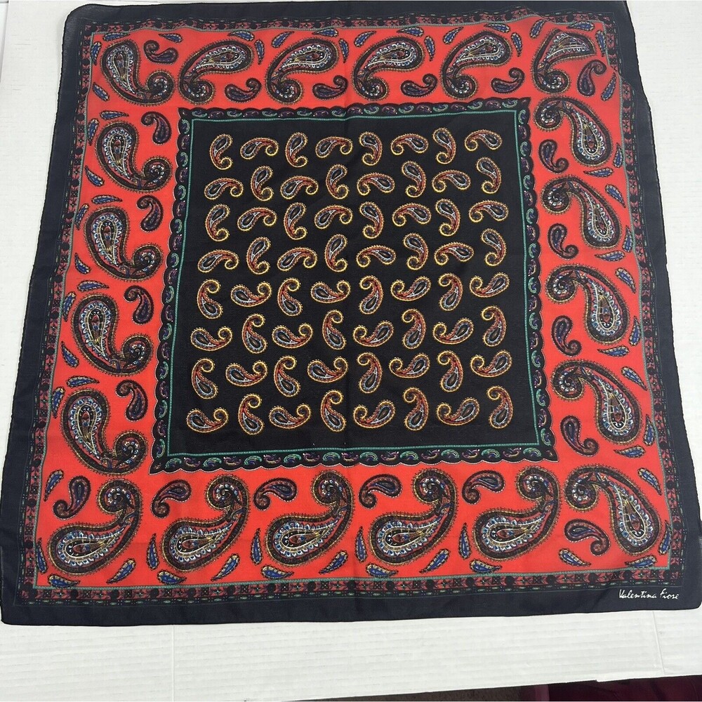 Vintage Italian Valentina Fiore Scarf 30" Square Paisley Black Red Yellow Blue